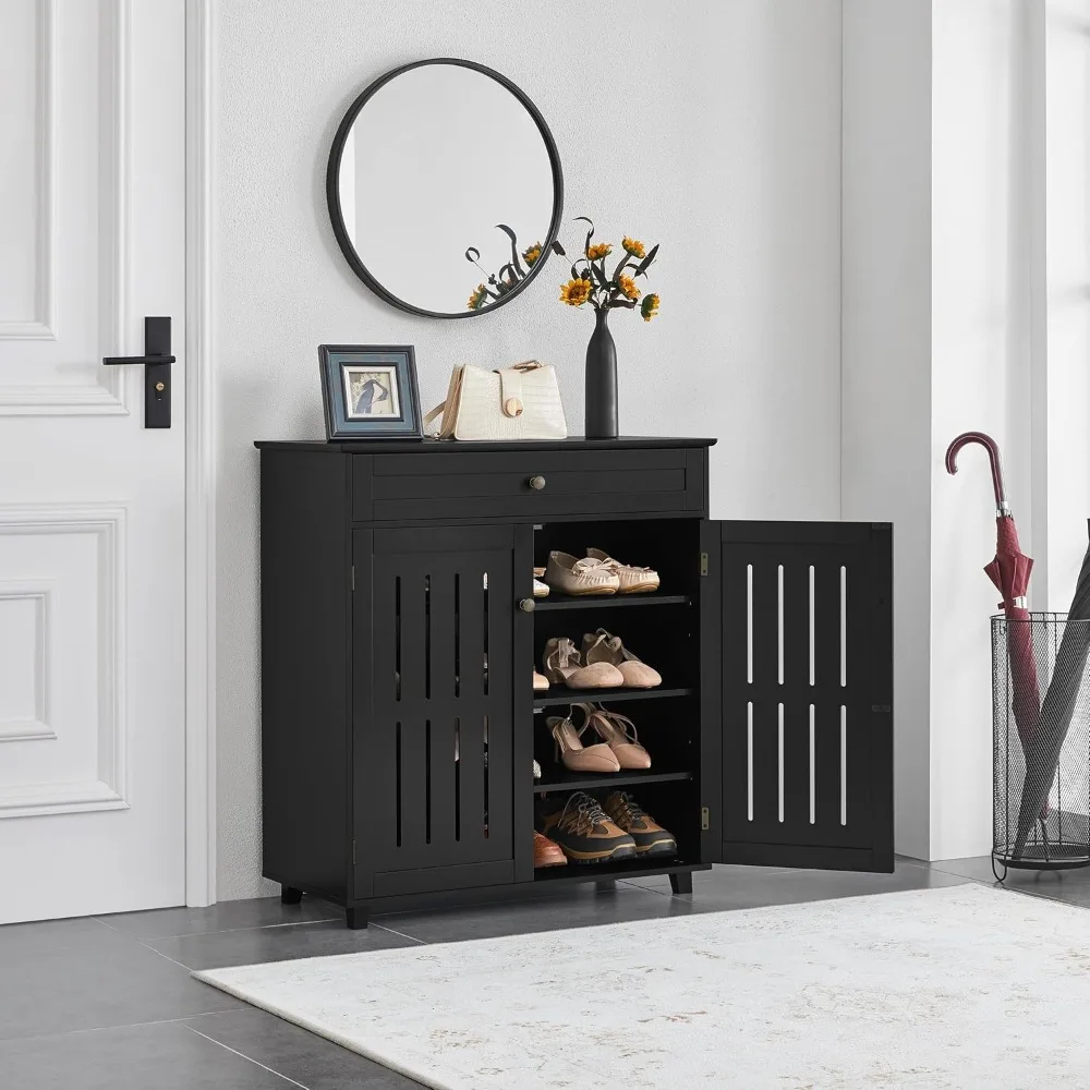 Wood Shoe Cabinet, Floor Storage Container with 4 Storage Shelves for Entryway Bathroom Living Room, Black