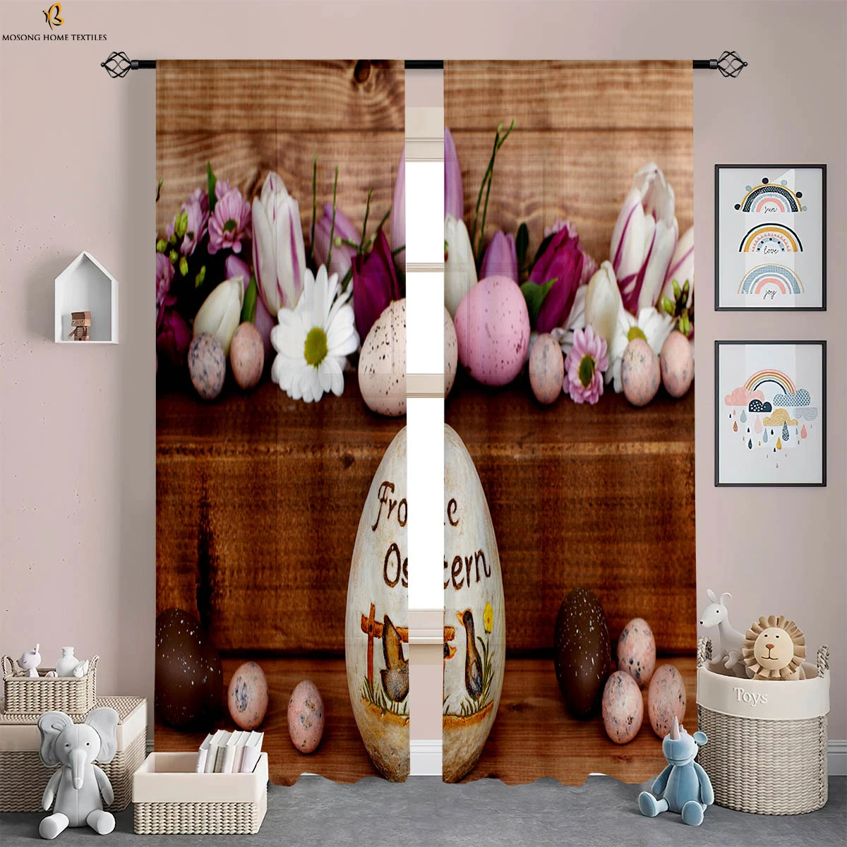 2 Pieces Easter Bunny Colored Eggs 3d Printing Curtains Retro American Country Style Holiday Decoration Curtains