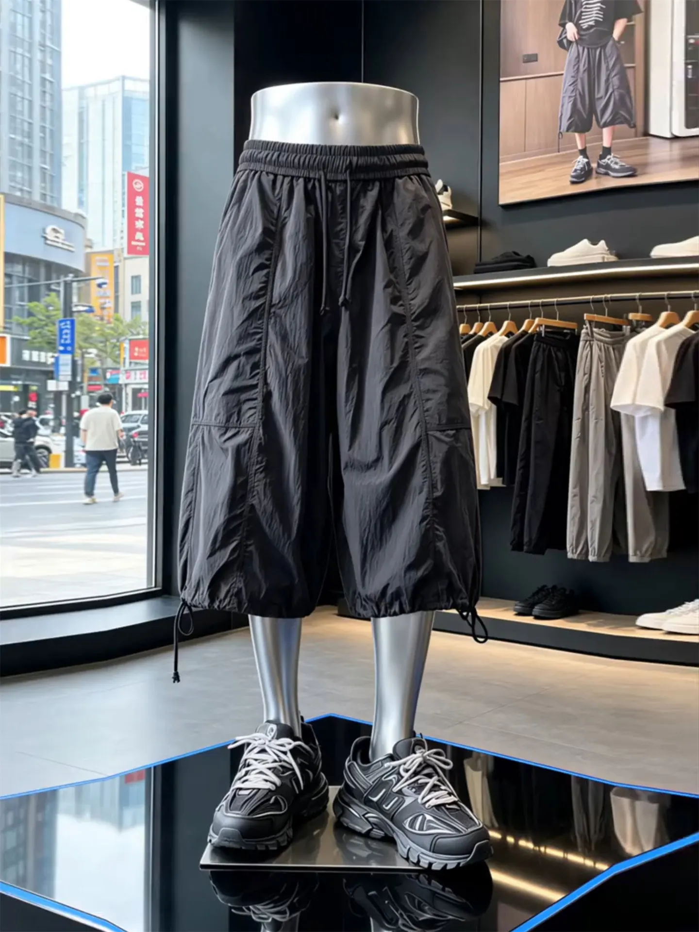 Men's Casual Workwear Seven-Foot Pants Thin Summer Knee-Length Oversized Wide Leg Loose Fit Leisure Trousers Japanese Functio...
