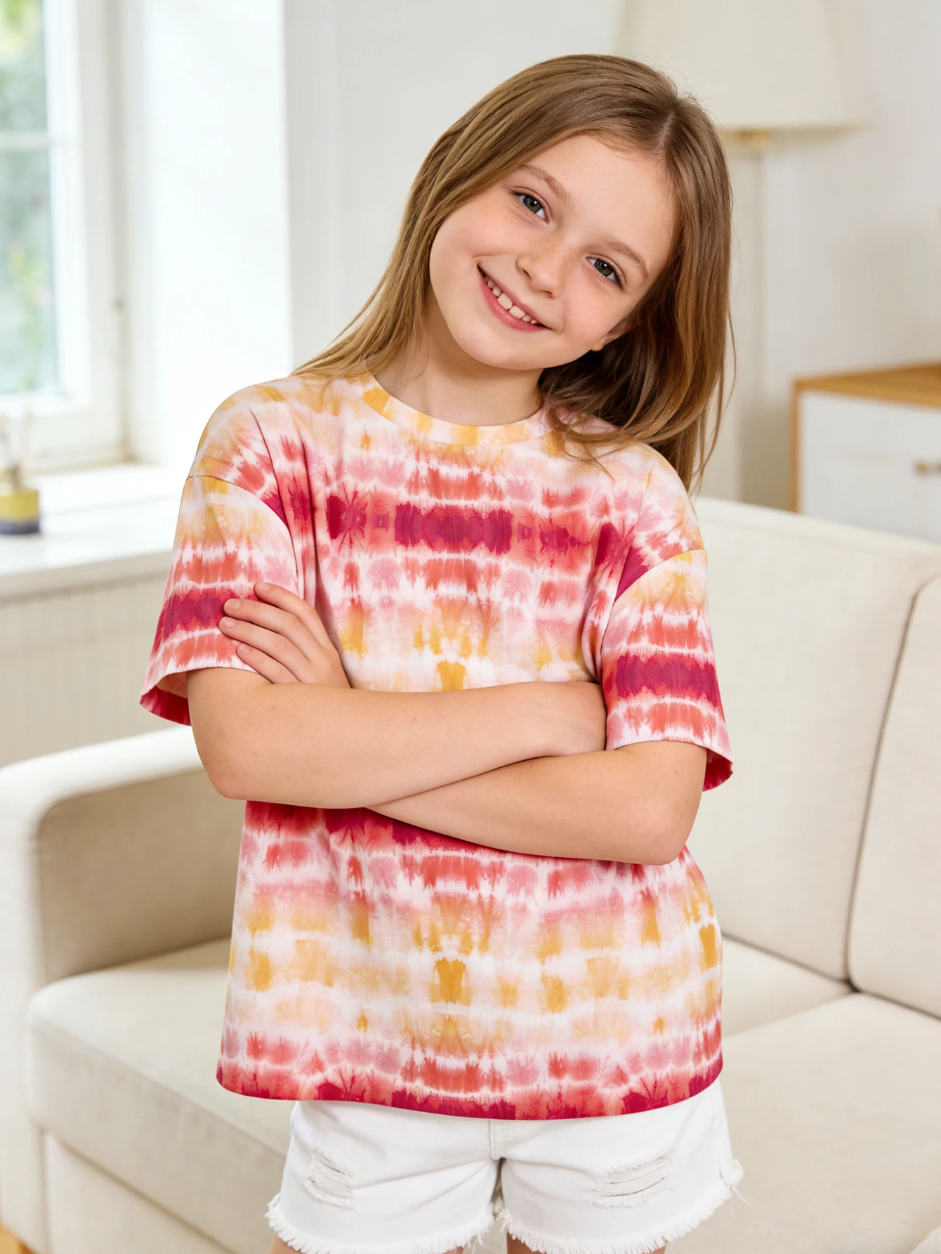 

2026 girls, pink and yellow gradual change striped tie-dye short-sleeved T-shirt