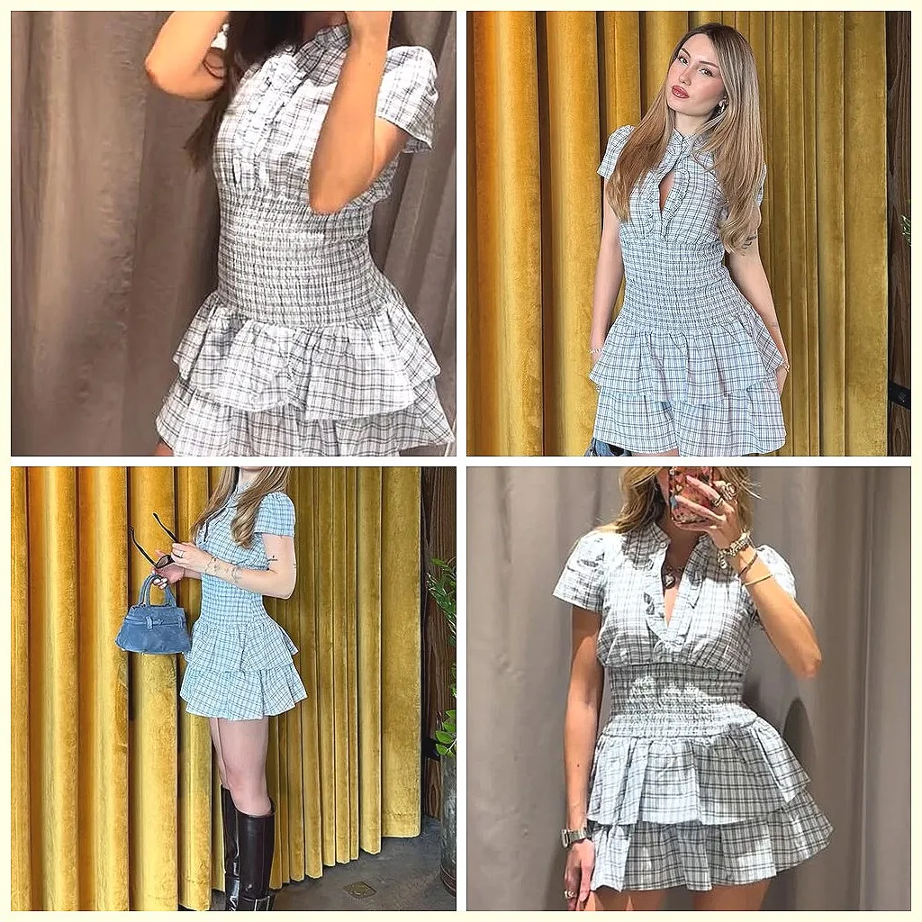 

Elegant V-Neck Tiered Mini Dress for Women, Waist Cinching & Pleated Layered Design, Chic Short-Sleeved Daily Commute Gown