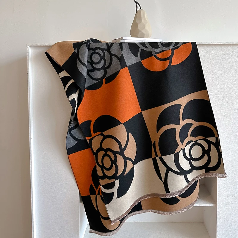 New Luxury Winter Camellia Two-Sided Cashmere Jacquard Scarves High Quality Women Thicken Wrap Shawl Ladies Wool Pashmina Scarf