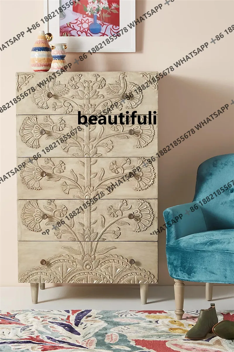 French retro art solid wood carving flower five buckets bedroom chest of drawers log storage locker