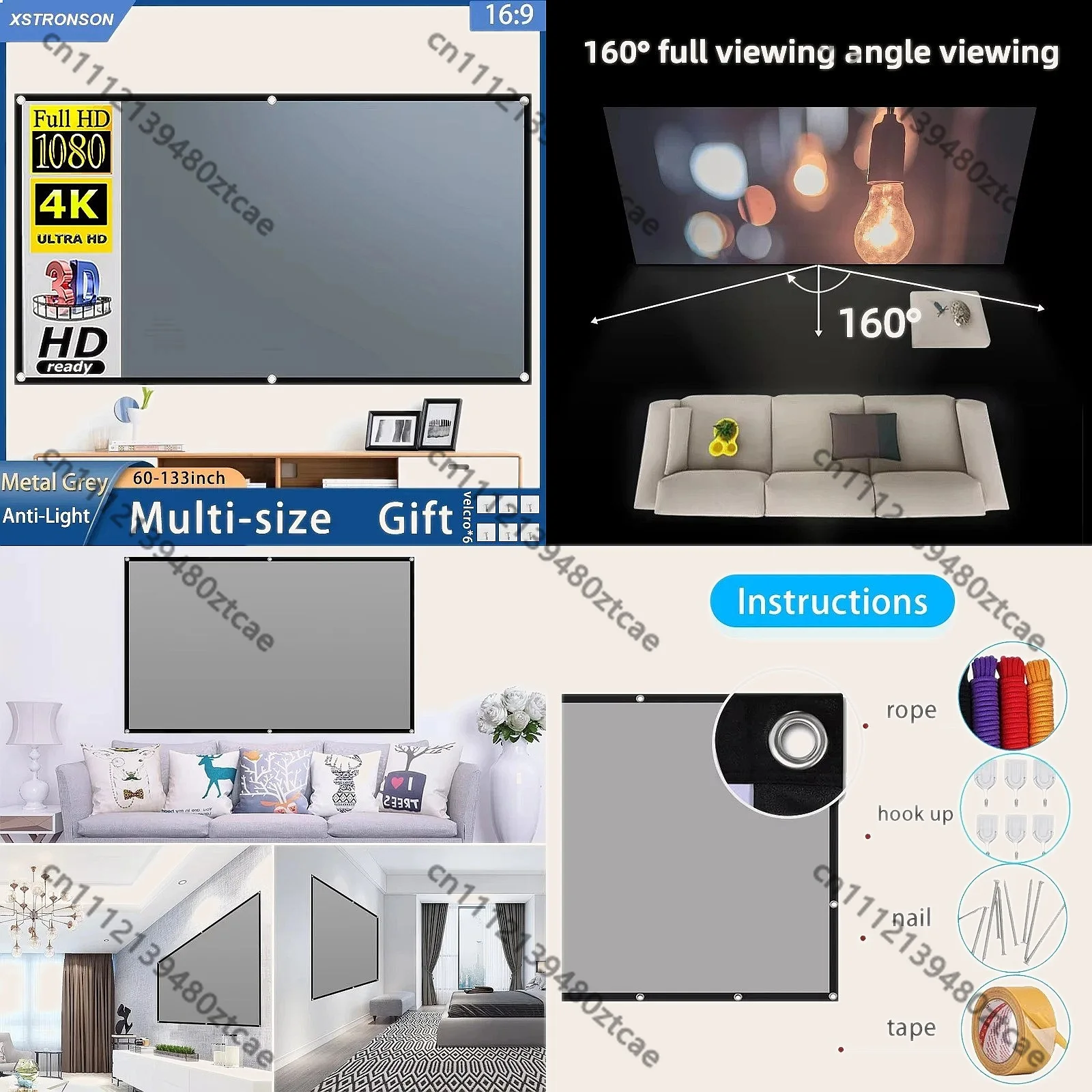 30-133 inch Portable Projector Screen 16:9 Anti-Light Gray Optical Coating Reflective Canvas