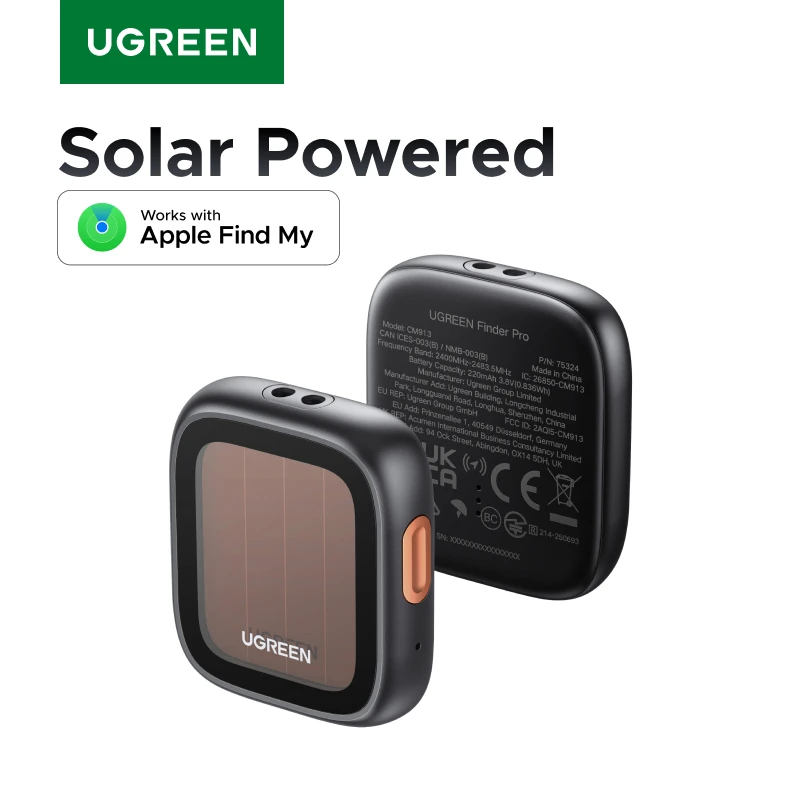 Etiquetas de Rastreo UGREEN Finder Pro (Solo para iOS) Etiquetas Inteligentes Bluetooth con Energía Solar, Localizador de Objetos Compatible con Apple Find My
