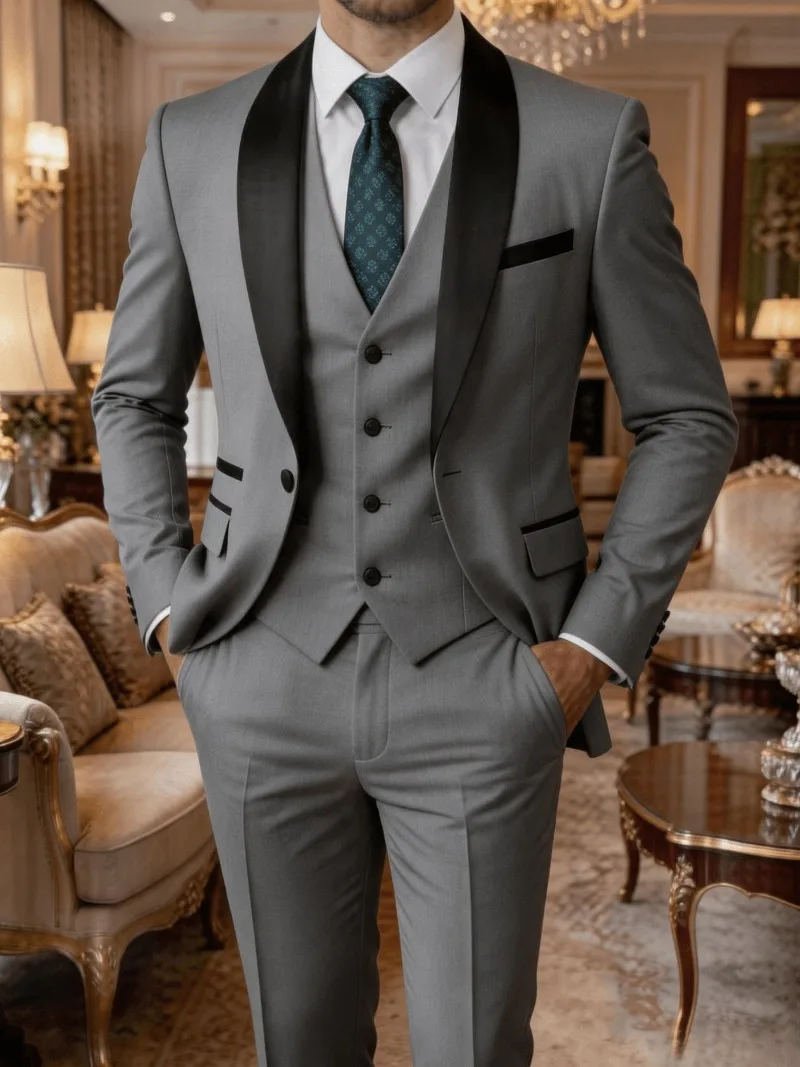 Men's 3pcs Tuxedo Suit, Slim Fit Shawl Lapel Jacket Vest Pants Set for Wedding, Prom & Formal Events