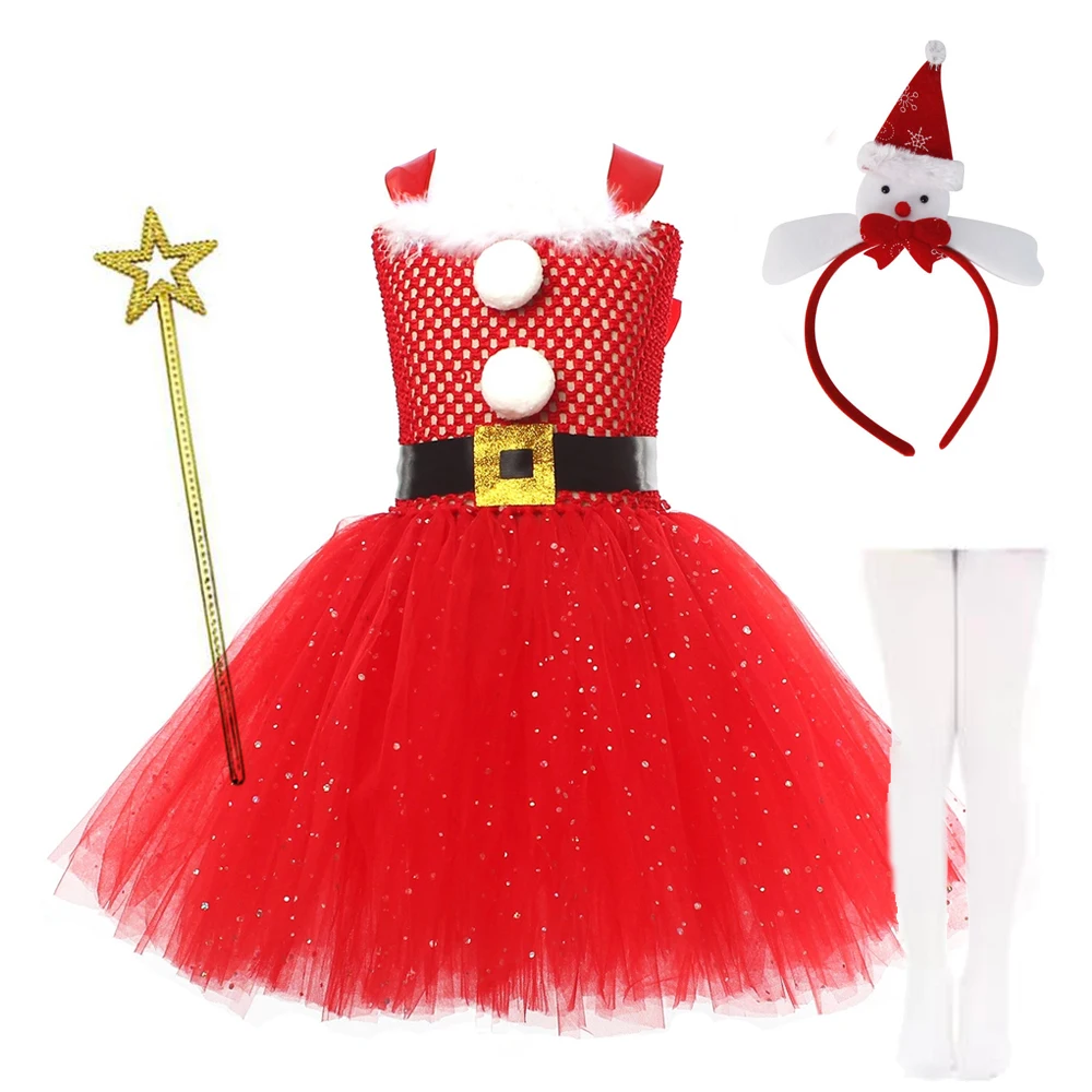 Red Christmas Santa Claus Costume Girls Christmas Tutu Dress Outfit Toddler Kids Xmas Party Holiday Fancy Dress Up Clothes