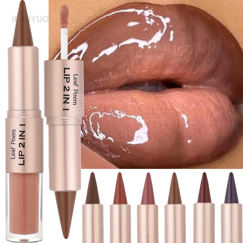 Lápiz delineador de labios degradado cónico 2 en 1, brillo de labios de cristal de espejo marrón desnudo, delineador de labios mate, maquillaje antiadherente para contorno de labios resistente al agua