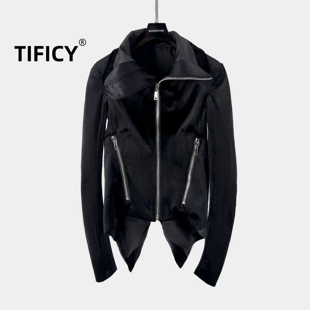 

High Street Black RO Style Zipper Jacket Women's Pioneer Classic Black Slimming High Collar Streetwear Zipper Jacket