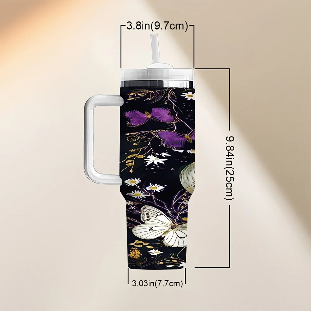 Beautiful Purple White Butterflies and Daisy Flowers Crescent Moon Pattern Travel Drinking Tumbler with Handle And Reusable Straw