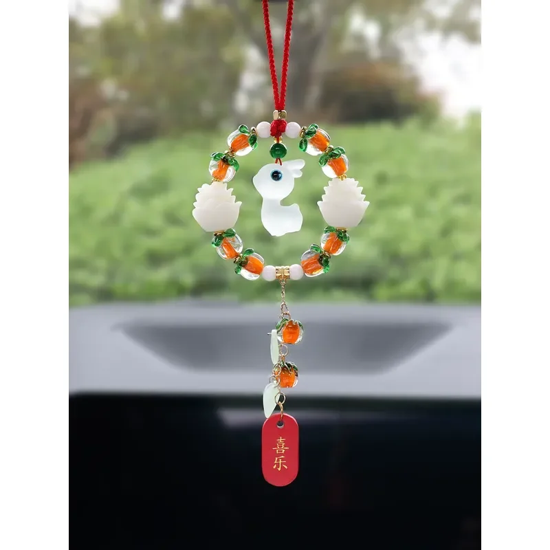 Car Lucky Deer Pendant Lotus Car Hanging Luminous Beaded Decorative Pendant Festive Jade Car Decoration Supplies