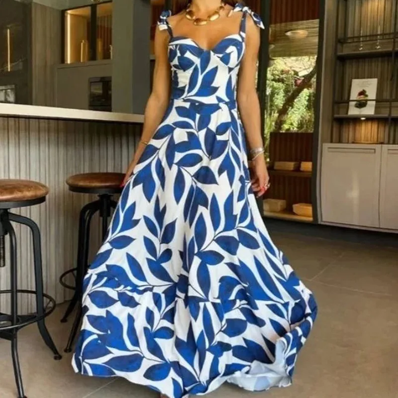 Elegantes Blaues Blätterdruck-Kleid mit Bindeband für den Urlaub, Maxikleid für Damen mit Hoher Taille, A-Linie, Langes Vintage Französisches Sommer-Strandkleid – Detail 2