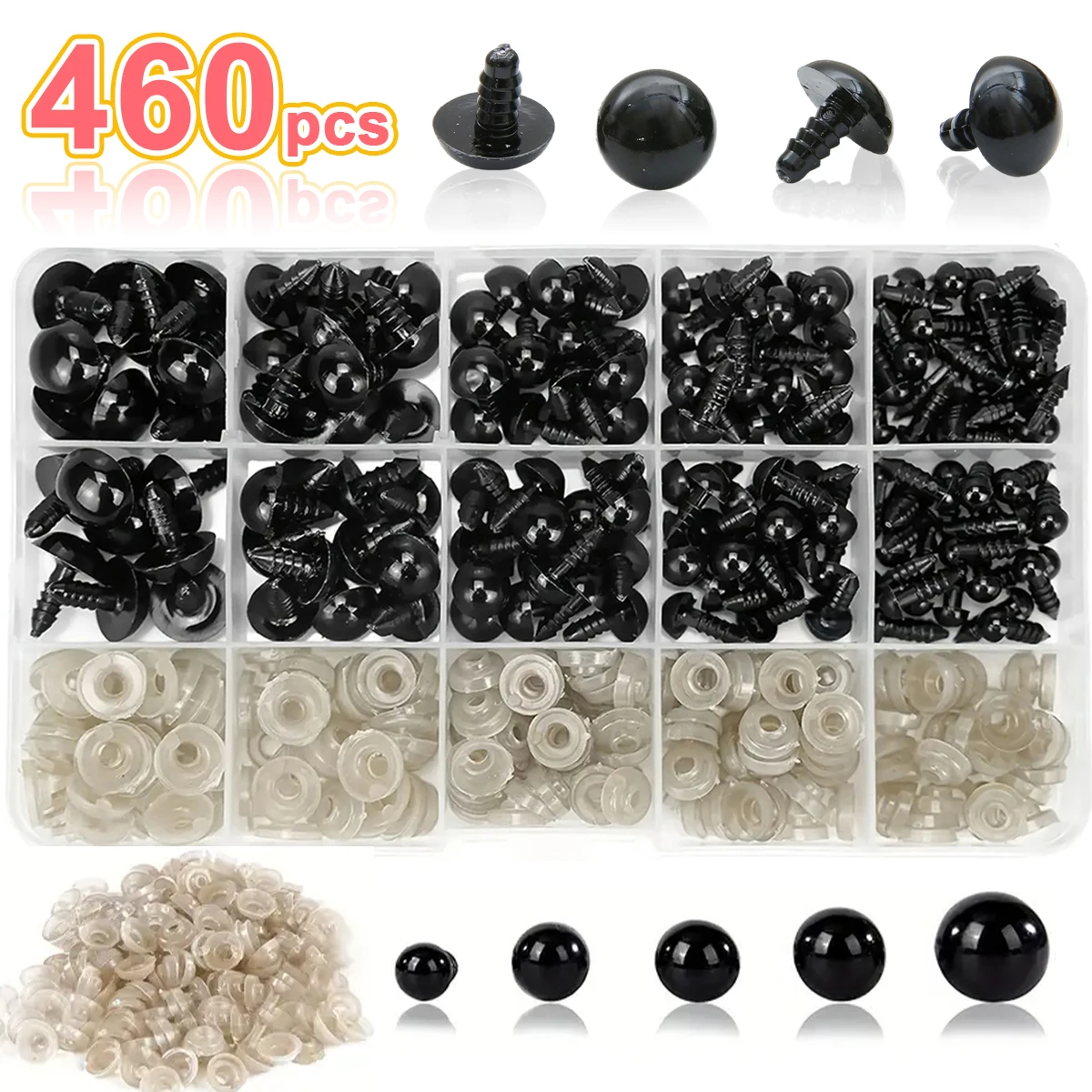 12-460 Stück 5-30mm Schwarze Kunststoff-Sicherheitsaugen in Verschiedenen Größen, Geeignet für DIY Häkel-Tieraugen, Basteldekoration und Zubehör – Detail 1