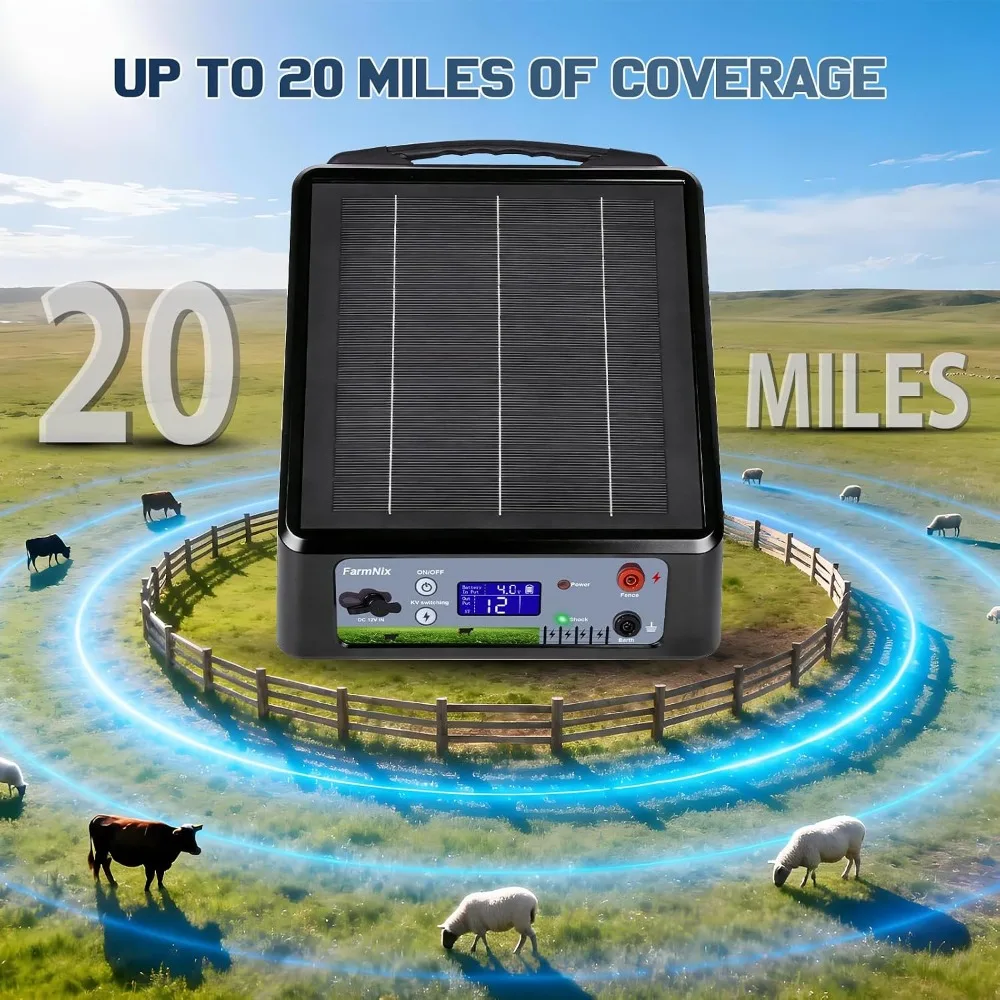 Solar Electric Fence Charger, 20 Miles 6-12KV 2J for Livestock