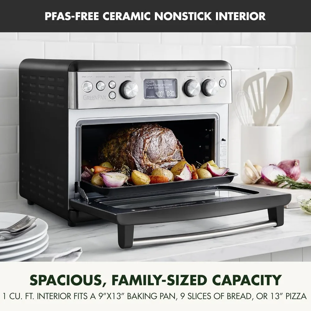 13-in-1 Elite Countertop Convection Oven & Air Fryer, PFAS-Free Ceramic Tray & Pizza Pan, Adjustable Racks,  Toaster,  Black