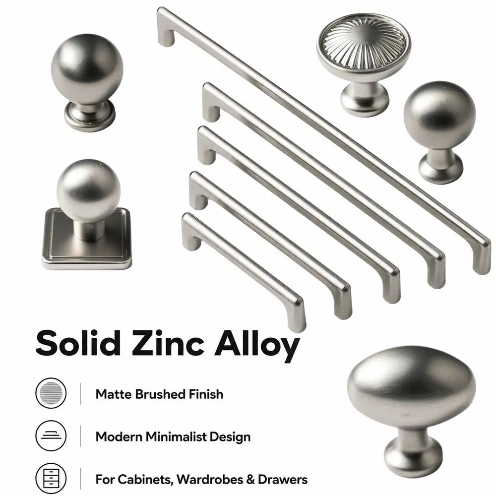 Zinc Alloy Cabinet Door Handles Silver Tone Matte Brushed Finish Cabinet Knobs Modern Minimalist Style Single and Dual Hole