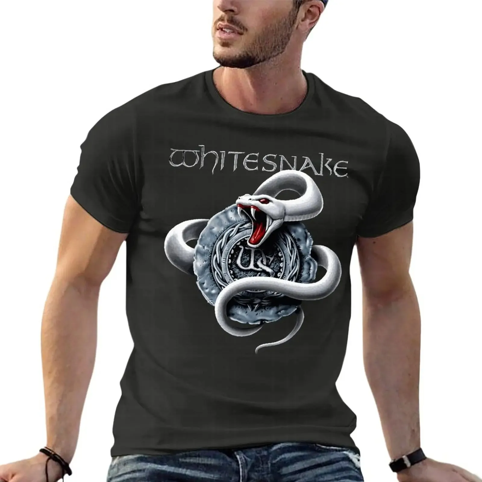 White Snake Heavy metal rock oversized street trend T-shirt High quality men's clothing short sleeve cotton clothing top T-shirt