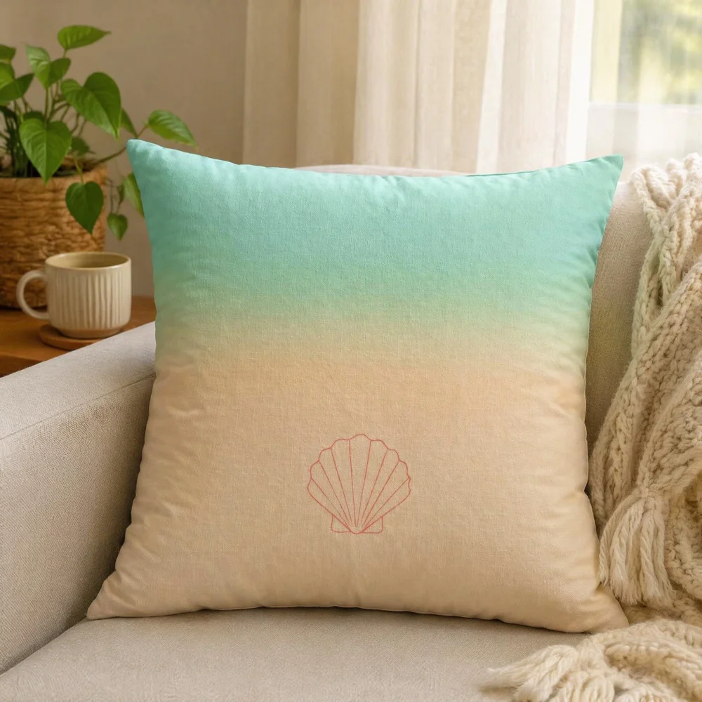 Soft Pastel Teal Beige Gradient Square Throw Pillow Complete Cushion with Seashell Line Print Minimalist Coastal Home Decor