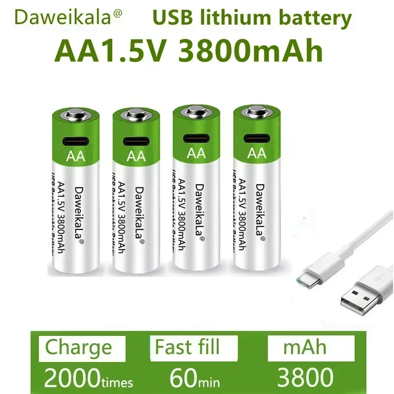 New USB fast charging battery, 1.5V/AA lithium-ion rechargeable 3800mAh lithium battery, wireless mouse toy battery,