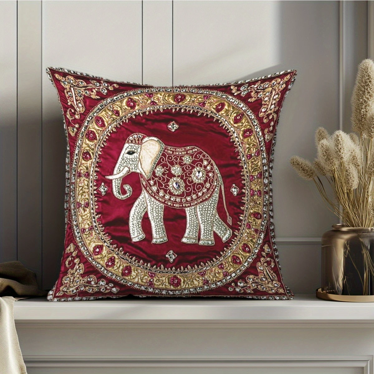Luxury Indian Elephant Pillow Cover Handmade Beaded Red Velvet Throw Pillow Case for Boho Home Decor Gift