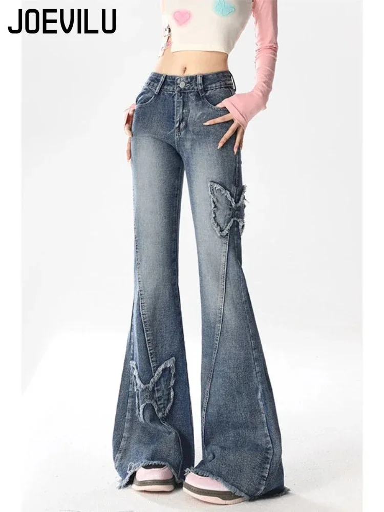 Y2k Butterfly Embroidery Flared Jeans for Women Vintage High Street Style Bootcut Pants Sexy Chic Curve Figure Denim Trousers