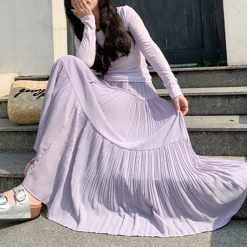 Jupe longue plissée coréenne pour femmes, taille haute, en mousseline de soie, élégante, couleur unie, ligne A, été, 2025