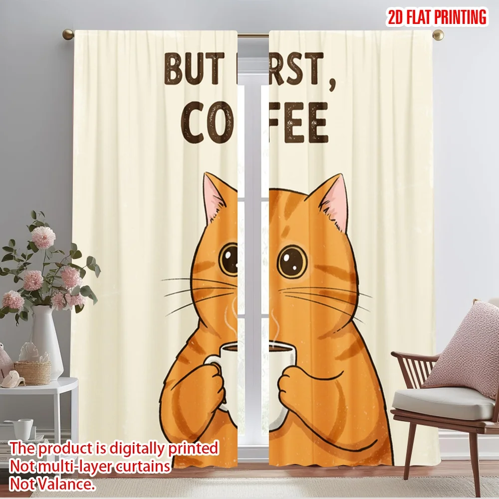 

2pcs 2D flat printing Curtain Cute Cat Coffee 100% Polyester Fabric Without Electricity Holiday Decorations Use for room decor