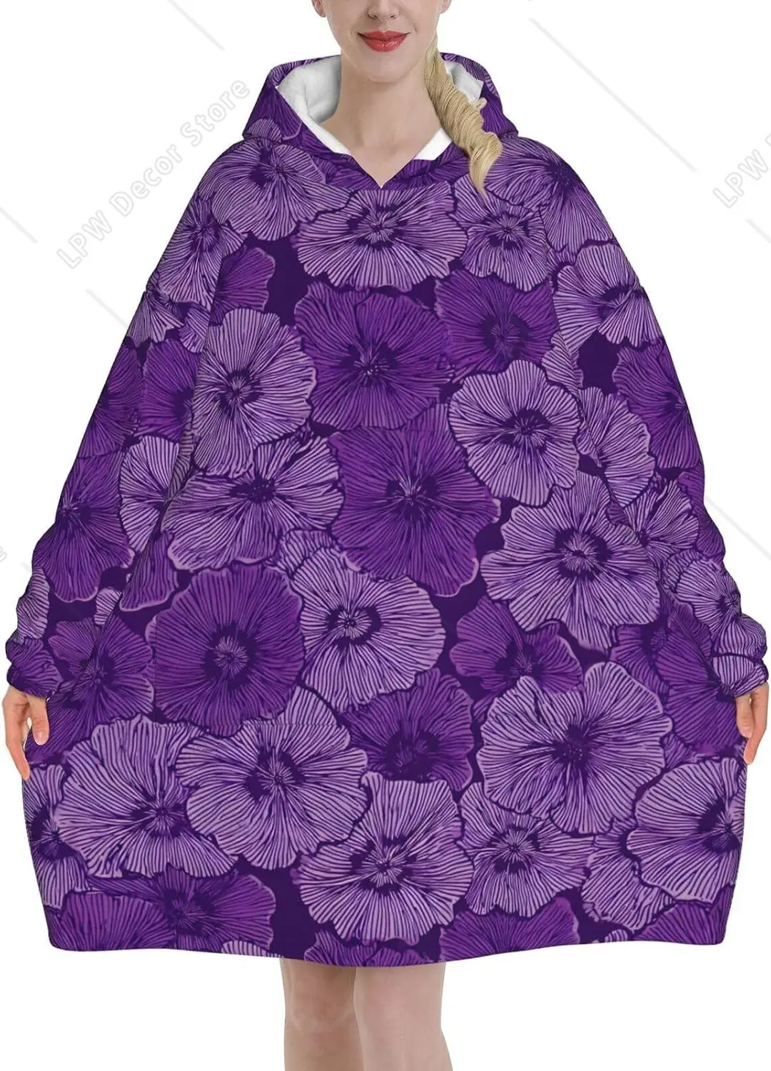 Violet Cluster Pattern Print Blanket Hoodie As Birthday Gifts For Mom Women Girlfriend Men Cozy Sweatshirt With Giant Pocket