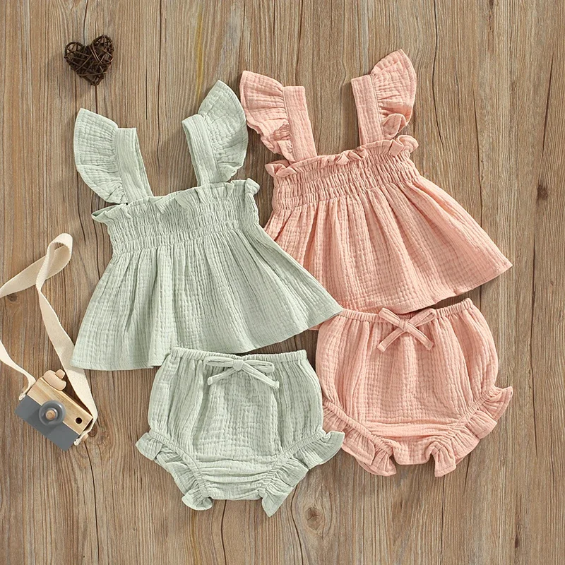 Toddler Baby Girl 2Pcs Summer Set Solid Color Square Neck Fly Sleeve Tops+ Ruffle Short Pants 0-3Years