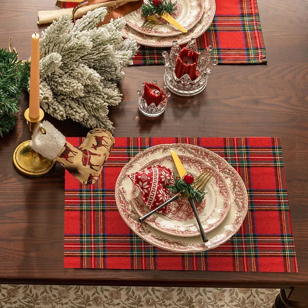 4pcs Set Table Mats Red Green Checkered Plaid Geometric Table Napkin Kitchen Accessories Home Party Decorative Placemats