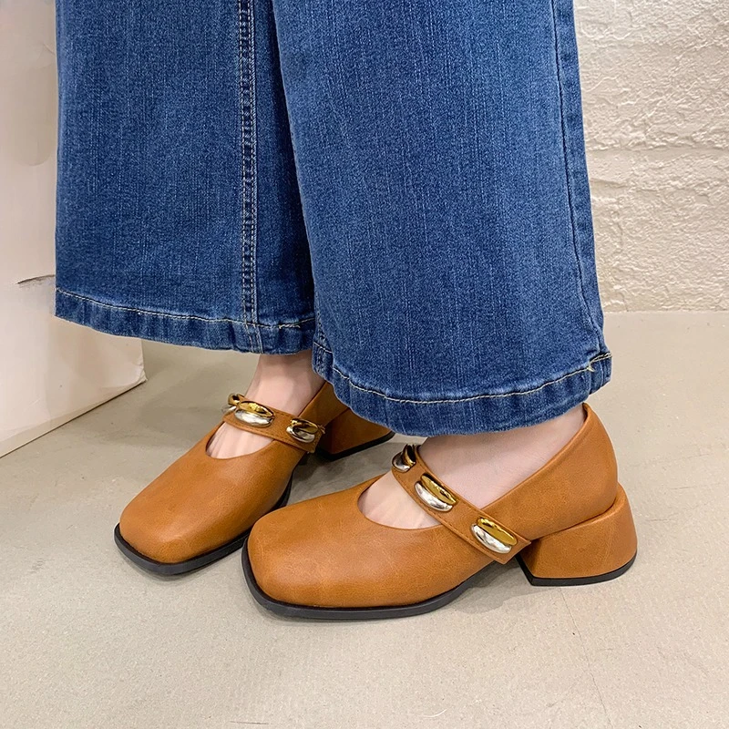 

2025 Square Toe Low Top Single Shoes Fashion Shallow Mouth One Strap Anti-slip Wear-resistant Mid-heel Shoes