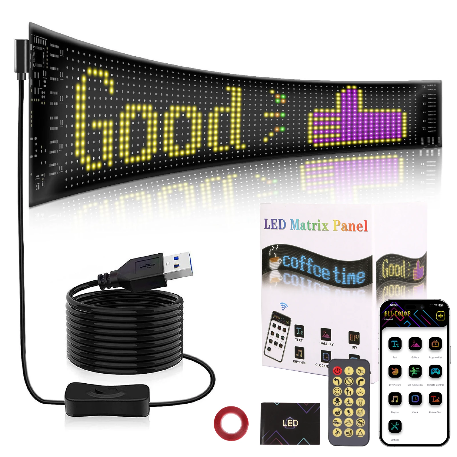 Flexibles LED-RGB-Scrollpanel 34,8 x 10,2 cm, Bluetooth-App, programmierbares LED-Matrix-Schild mit Fernbedienung, USB für Auto und Party