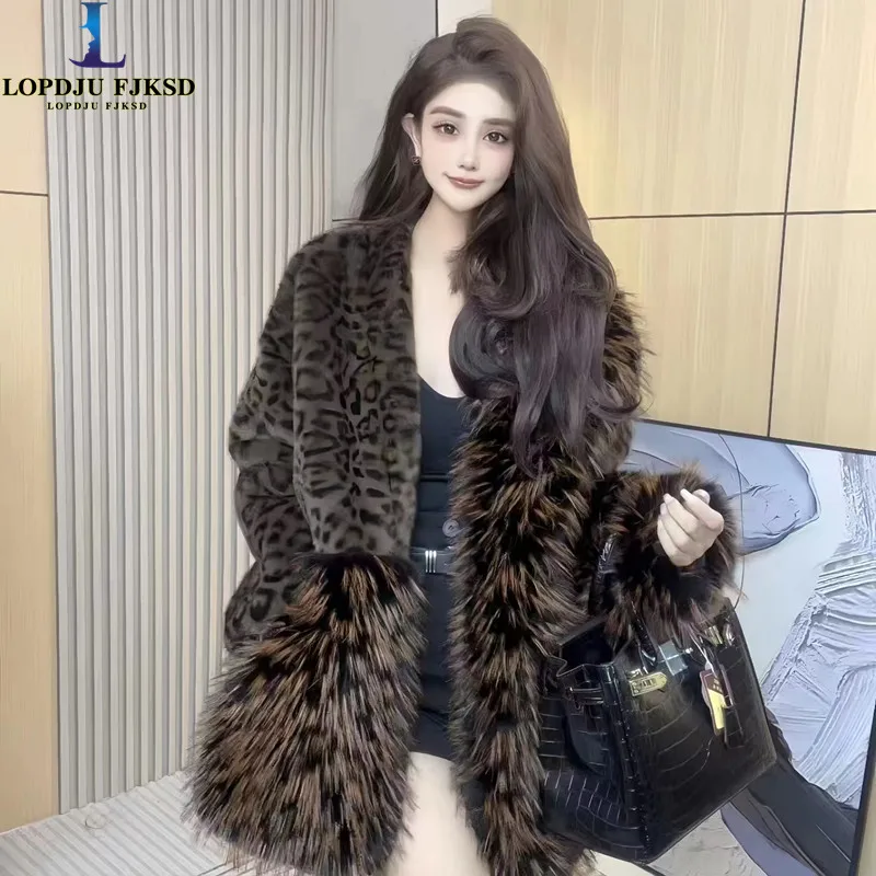 

Faux Fur Coat for Women, England Style Long Jackets, Thicken Overcoat, Casual,Leopard,Female Clothe,Spliced, New, Winter