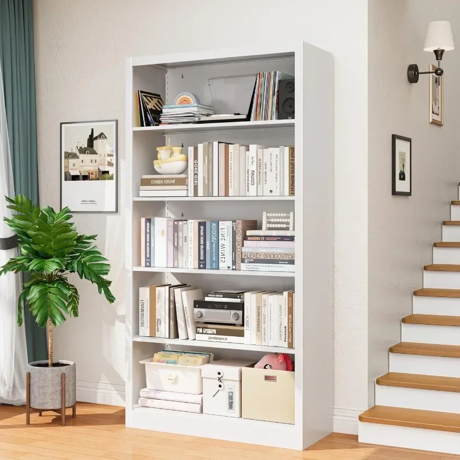 66 in Heavy Duty Metal Bookshelf, 5-Tier Adjustable Tall Bookcase, Industrial Floor Standing Storage Shelf 180 lbs Load Per She