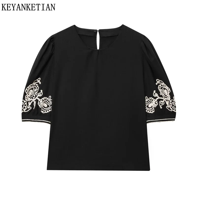 

KEYANKETIAN 2025 Summer New Women's Embroidered Decorated Puffed sleeve Shirt Holiday wind O-Neck Pullover Female Blouses Top