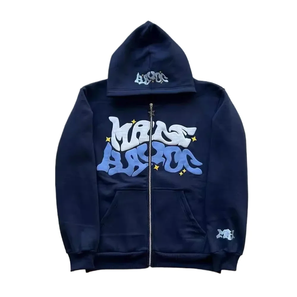 New trendy retro American letter-zippered hooded sweatshirt, unisex millennium-style jacket for autumn and winter