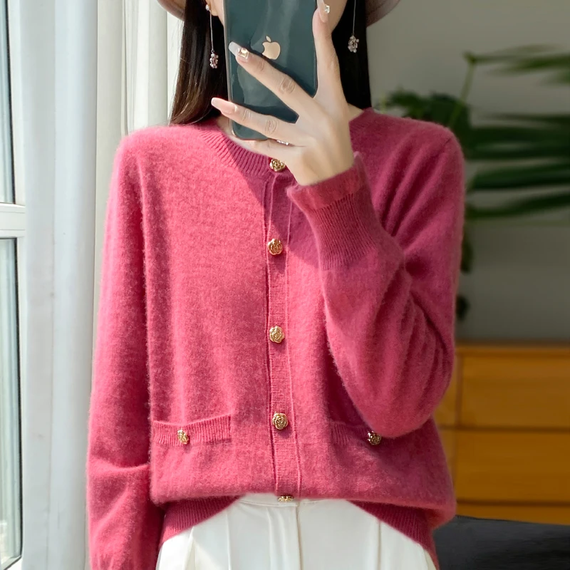 YSC2024 New Women's Classic Australian Pure Wool Rose Button Knitted Cardigan Long Sleeve Casual High Quality Knitted Sweater