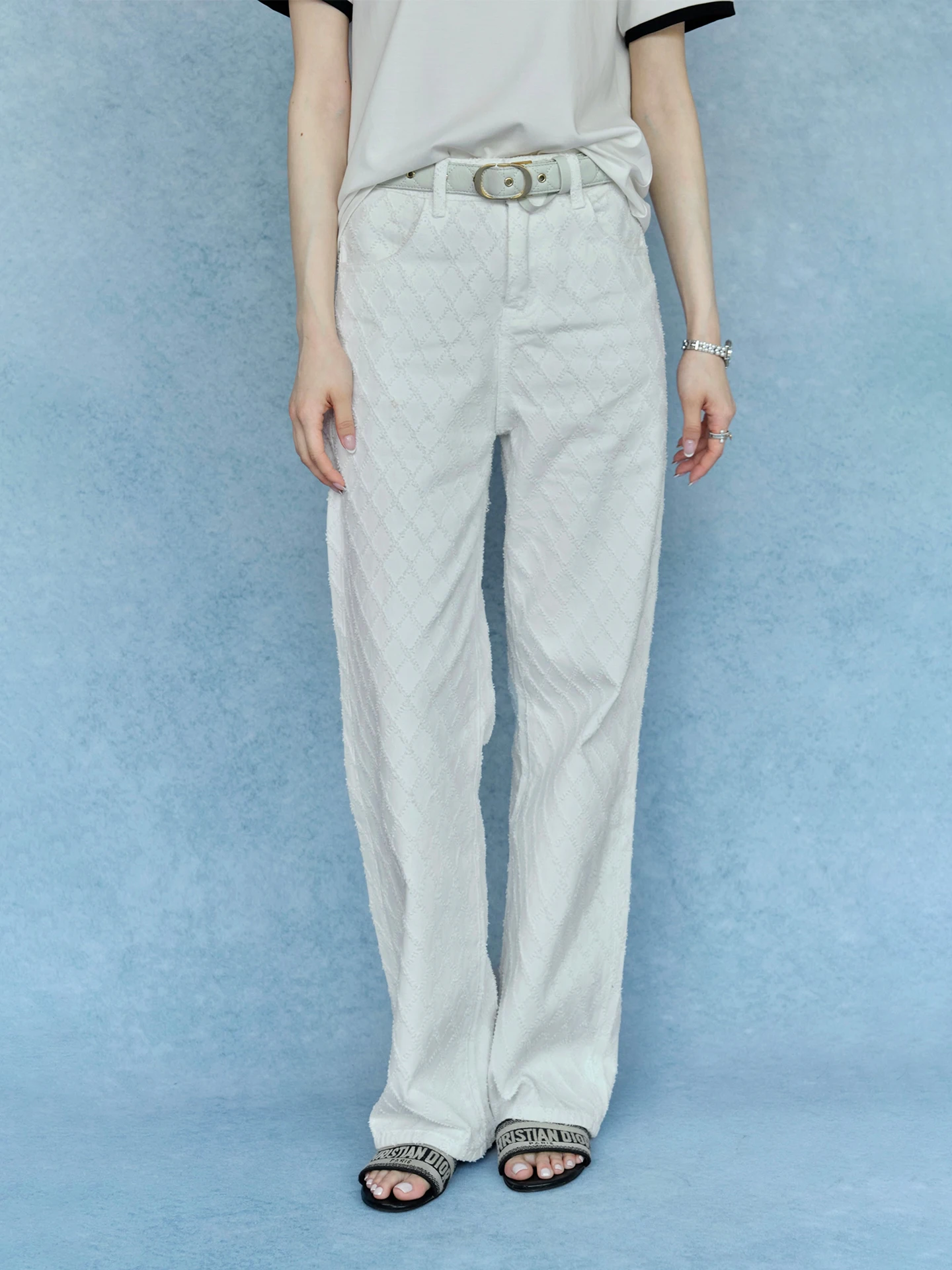 

Брюки ChillCozy из хлопкового денима с вышивкой в ромб, прямые, с высокой талией, на молнии, летние повседневные