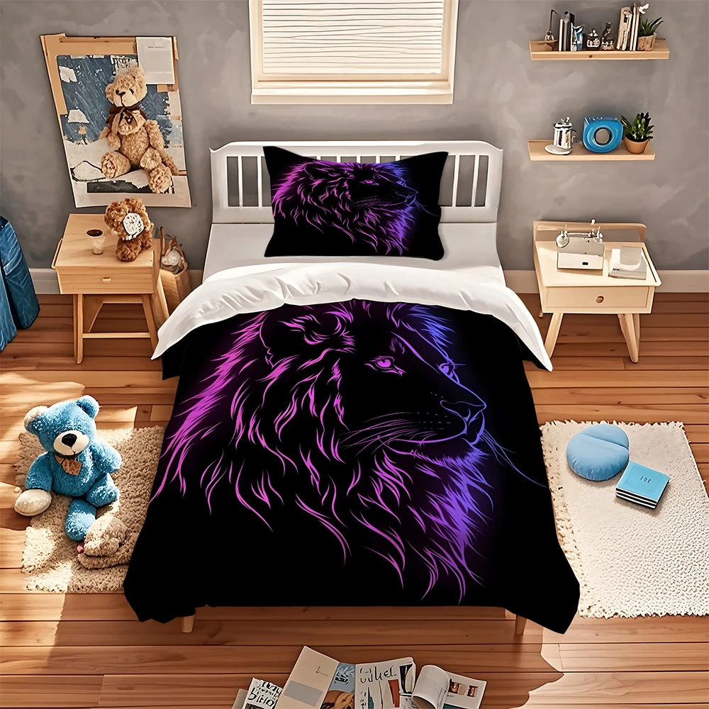 Neon Purple Lion Duvet Cover Set Black Background Wild Animal Lion Head Bedding Set Modern Gradient Glowing Lion Print Bedroom