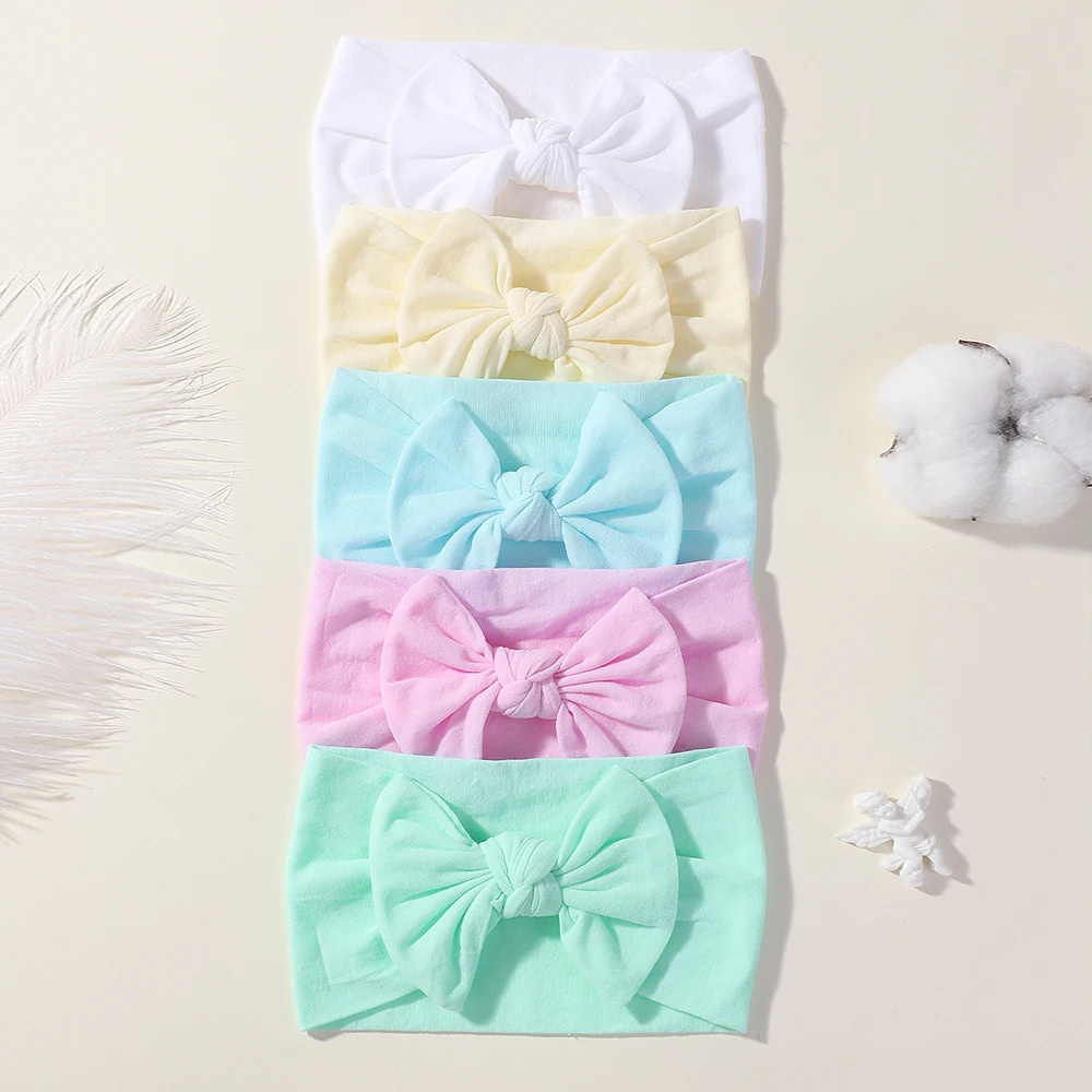 5Pcs Frühling Sommer Baby Mädchen Stirnband Set 3,5 zoll Einfarbig Nylon Bowknot Casual Headties Weichen Kopfschmuck Haar Zubehör
