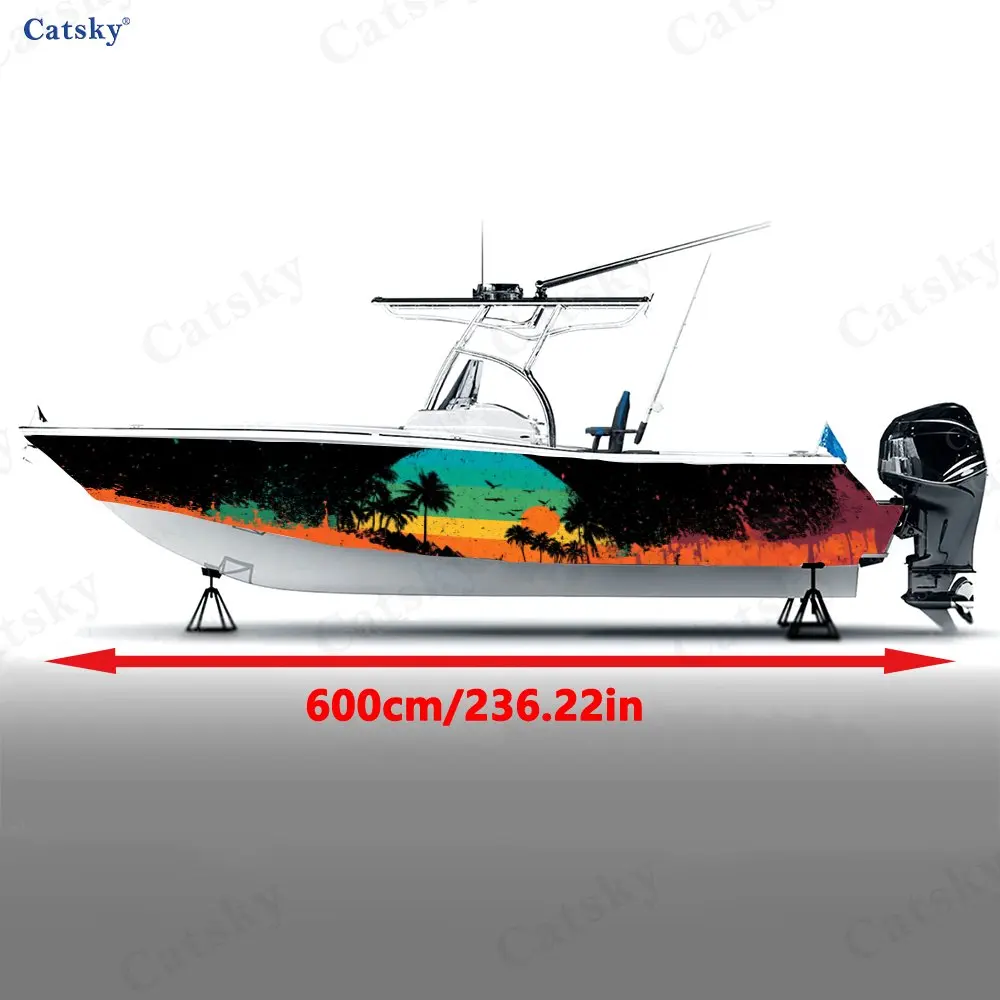 2Pcs Palm Tree Sunset Tide Boat Stickers, PVC Waterproof Durable Vinyl Wrap Decals for Fishing Boats, Durable and Stylish Design