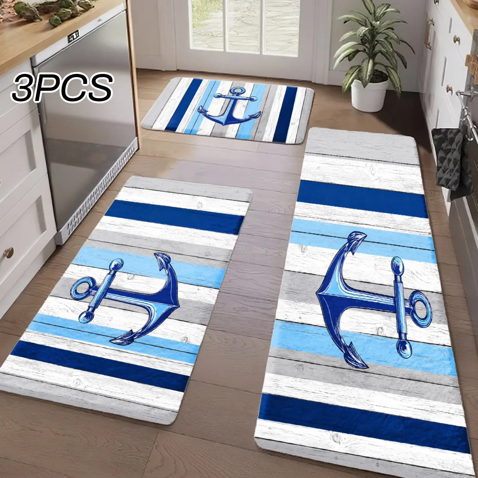 3PCS Kitchen Rugs,Home Decoration for Front Door, Kitchen, Bathroom, Blue Anchor Stripes Wood Pattern Print Dining Mat
