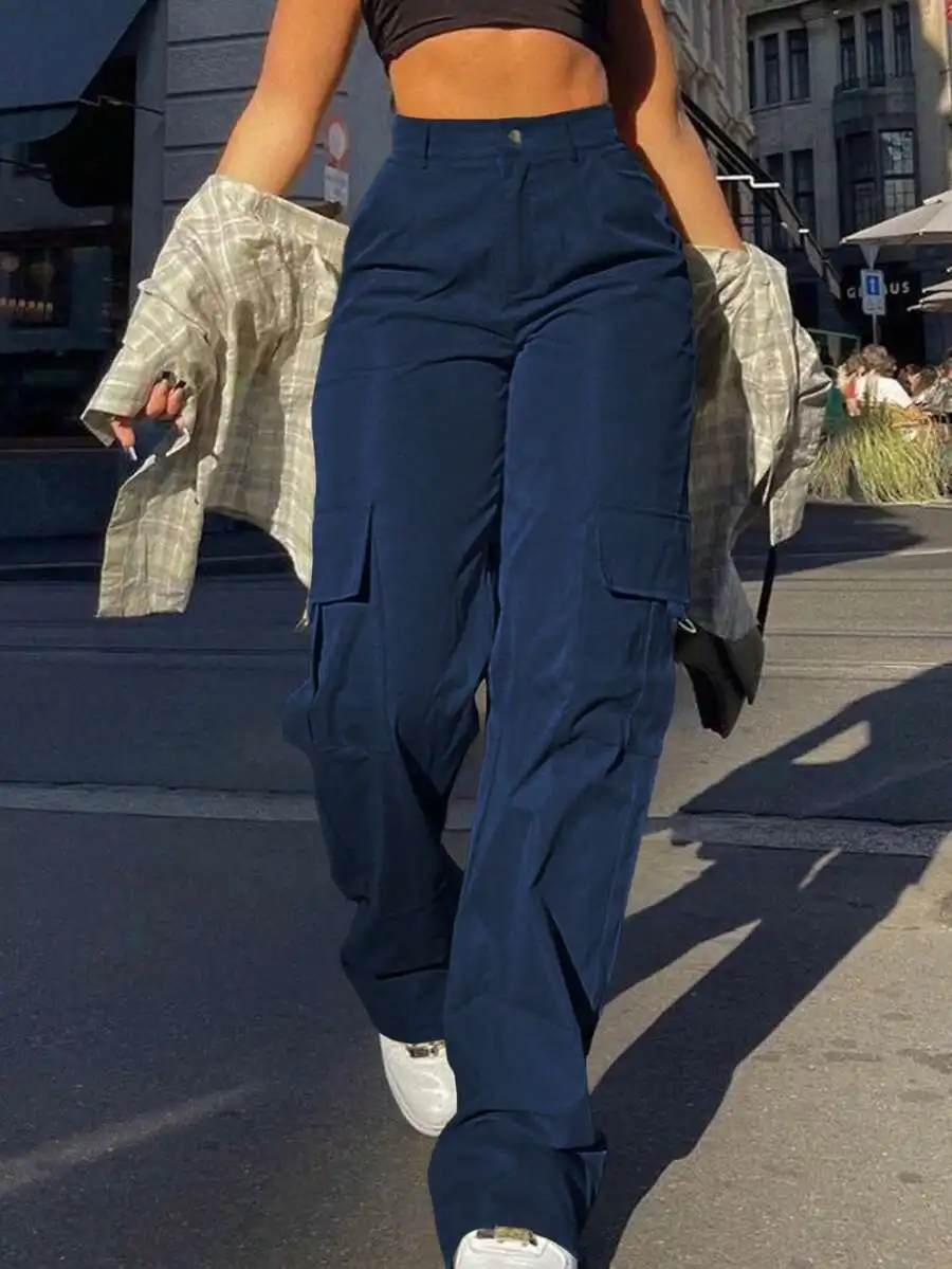 

Women's Navy Blue Loose Fit Cargo Pants with Large Pockets