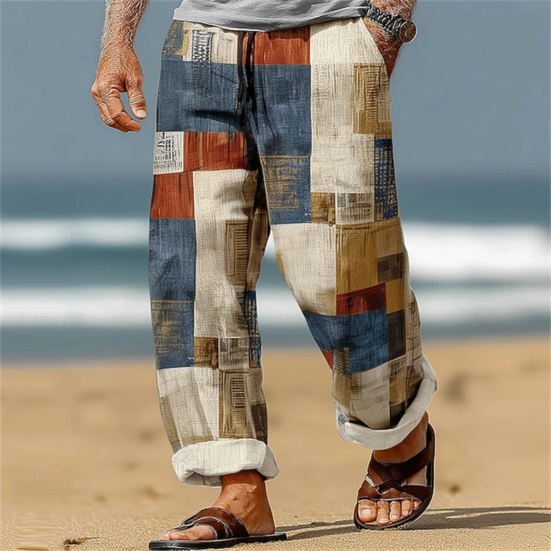 Men's Geometric Color-Blocked Loose-Fit Casual Pants with Elastic Waistband and Drawstring Straight-Leg Beach Pants