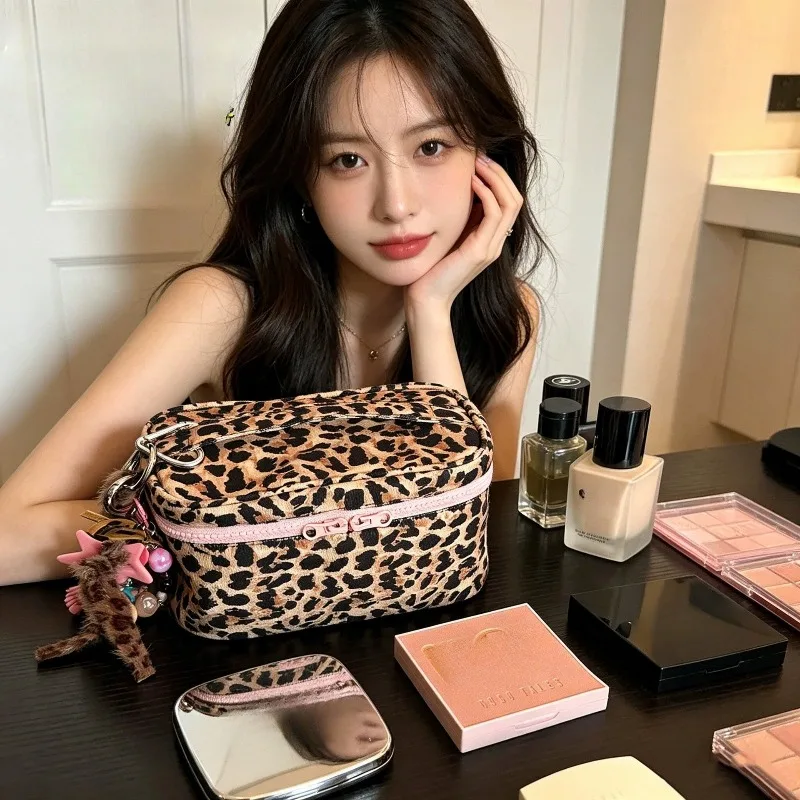 Leopard Print Cosmetic Bag Large Capacity Structured Makeup Pouch With Handle Portable Travel Case For Women