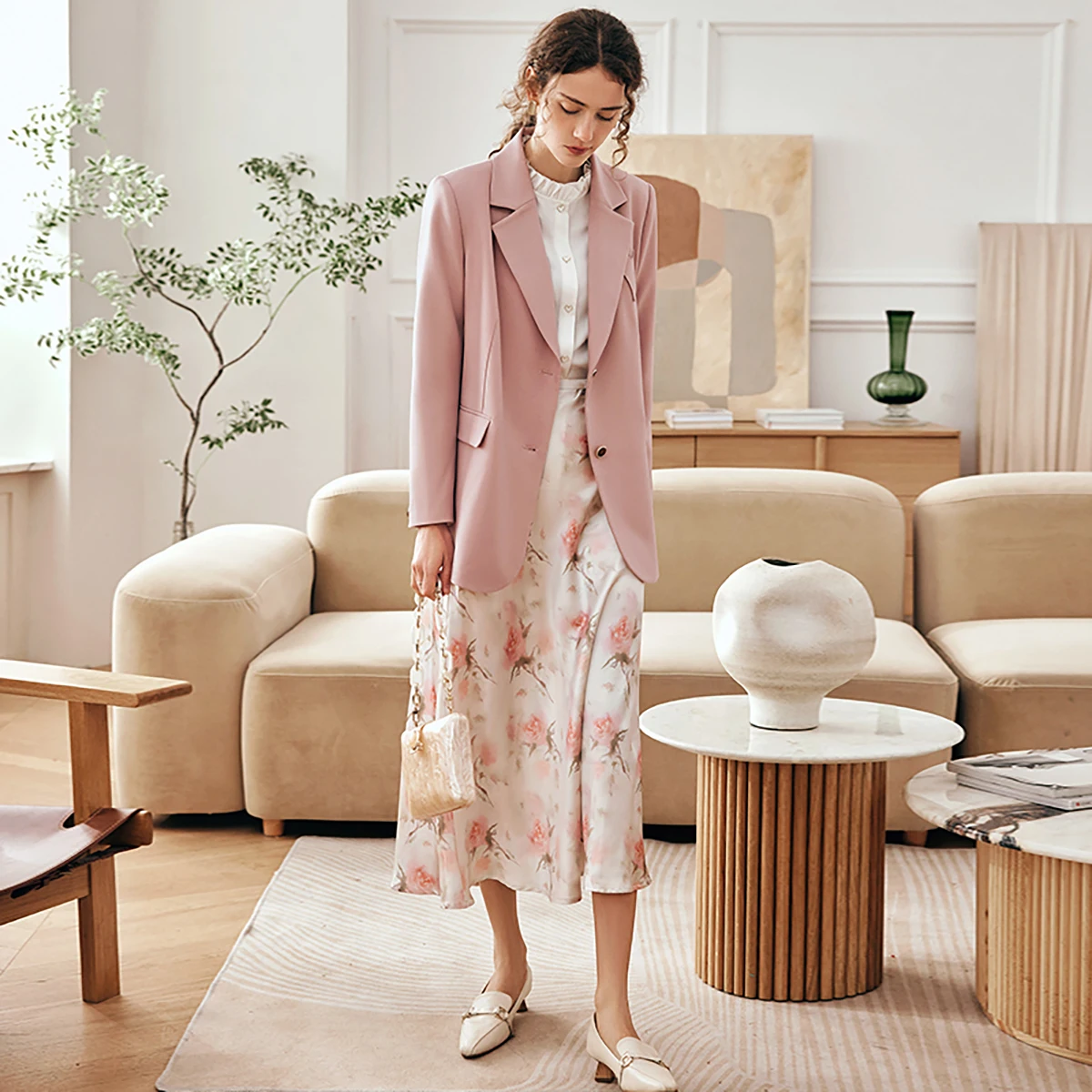 OLrain French Pink Coats Women's 2022  Autumn Winter Sashes Single Breasted Blazers for Woman Office Elegant Tops O23CW69308