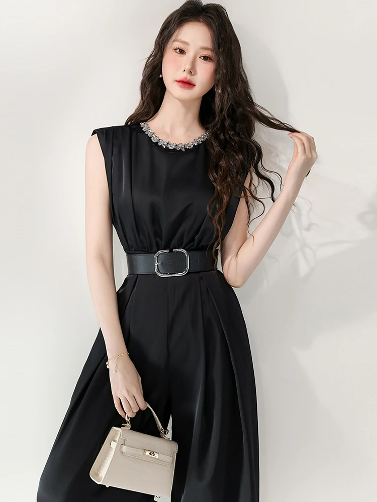 

Women Clothes Black One Piece Jumpsuits Elegant Formal O-Neck Belt Mujer Wide Leg Loose Rompers Casual Long Trousers Summer New