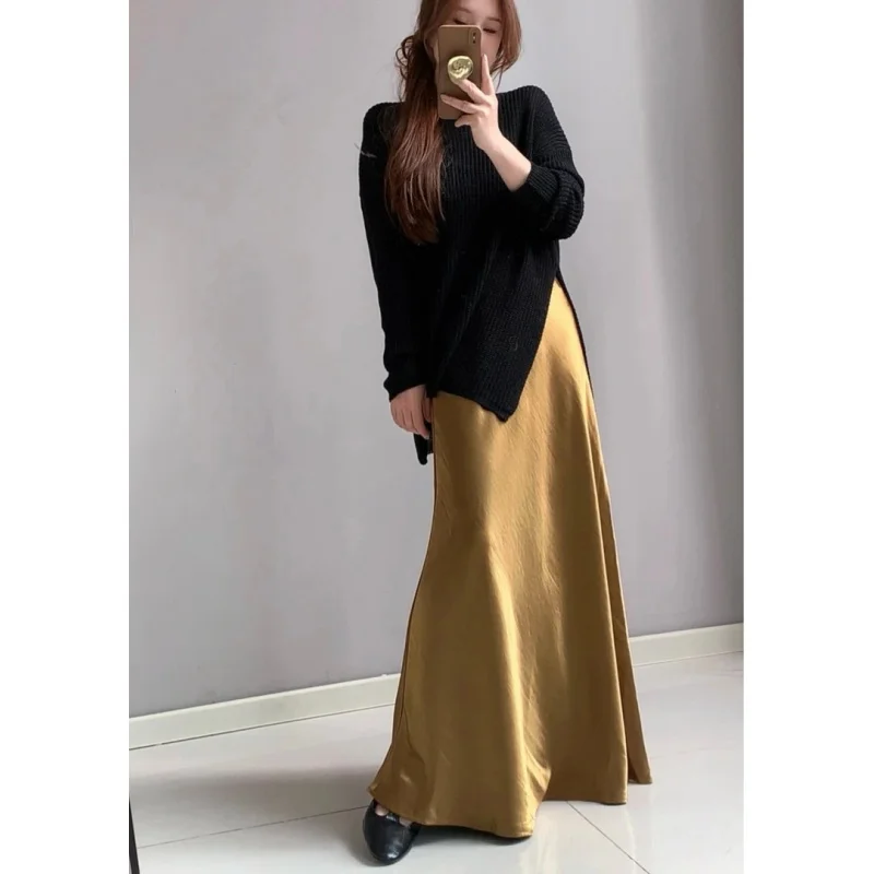 Silky Satin Gilding Group Spring/Summer Pearlescent High Waist Slimming Temperament Wild A- line Skirt Fishtail Skirt