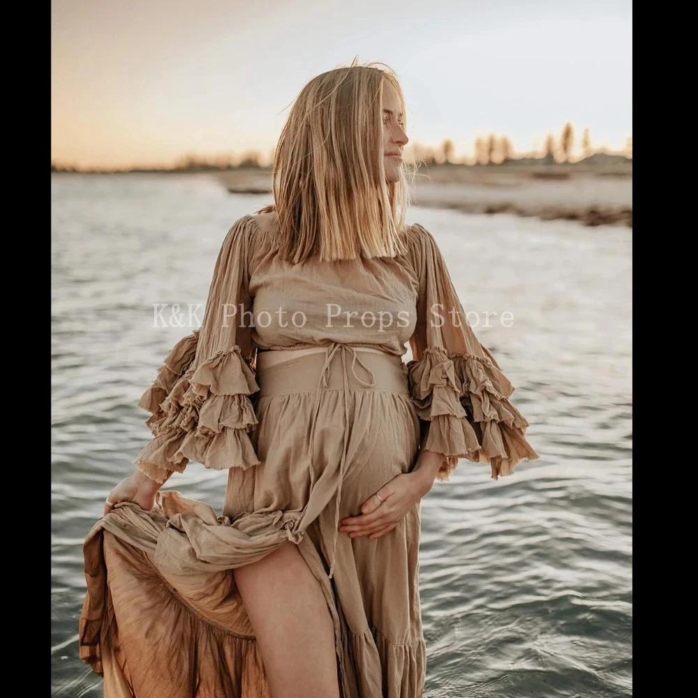 Bohemian Style Maternity Lace One-shoulder Two-piece Set for Women with Linen Cotton Pleats Perfect for Photography Shoots