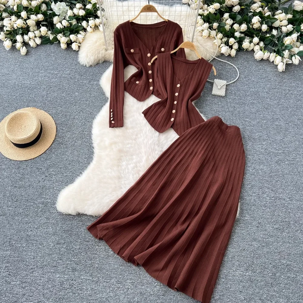 Chic Women Three-Piece Sets Metal Buckles Sleeveless Vest V-neck Cardigan High Waist Skirt Korean Basics Winter Knitted Clothing